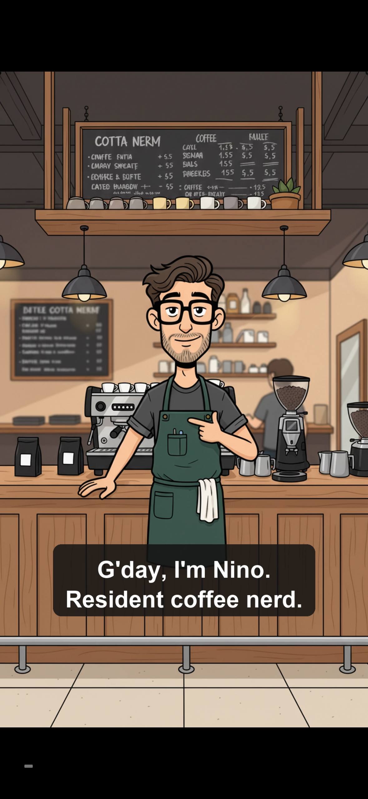Nino, the GAFFEE cartoon character barista